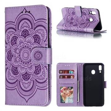 Intricate Embossing Datura Solar Leather Wallet Case for Samsung Galaxy M20 - Purple