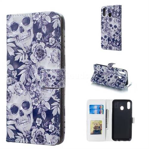 Skull Flower 3D Painted Leather Phone Wallet Case for Samsung Galaxy M20