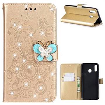 Embossing Butterfly Circle Rhinestone Leather Wallet Case for Samsung Galaxy M20 - Champagne