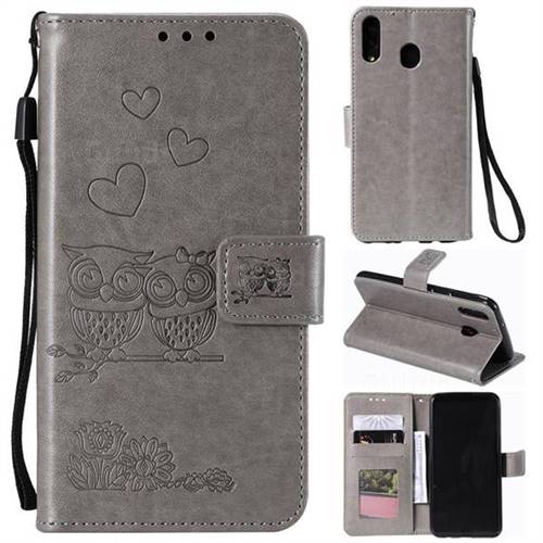 Embossing Owl Couple Flower Leather Wallet Case for Samsung Galaxy M20 - Gray