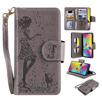 Embossing Cat Girl 9 Card Leather Wallet Case for Samsung Galaxy M20 - Gray