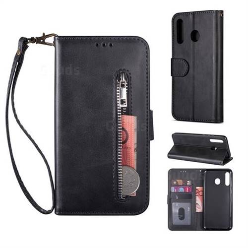 Retro Calfskin Zipper Leather Wallet Case Cover for Samsung Galaxy M20 - Black