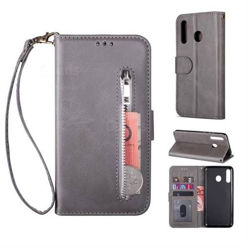 Retro Calfskin Zipper Leather Wallet Case Cover for Samsung Galaxy M20 - Grey