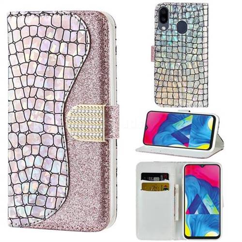 Glitter Diamond Buckle Laser Stitching Leather Wallet Phone Case for Samsung Galaxy M20 - Pink