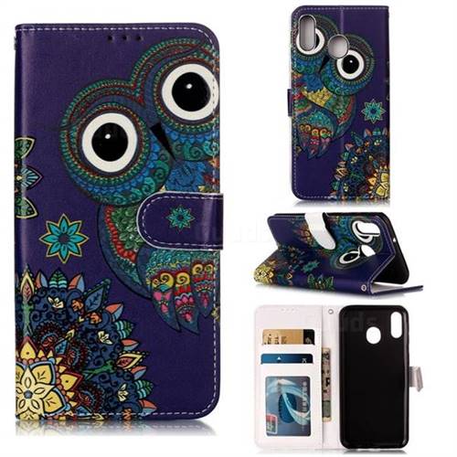 Folk Owl 3D Relief Oil PU Leather Wallet Case for Samsung Galaxy M20