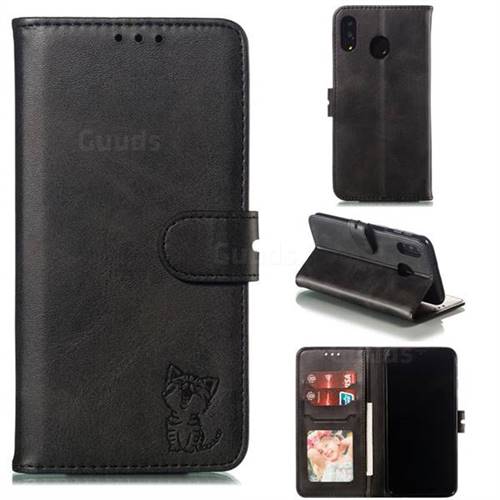 Embossing Happy Cat Leather Wallet Case for Samsung Galaxy M20 - Black