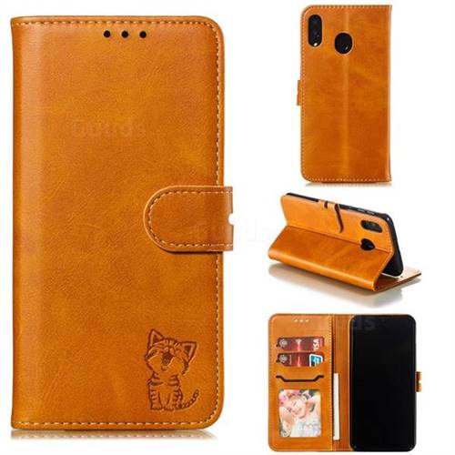 Embossing Happy Cat Leather Wallet Case for Samsung Galaxy M20 - Yellow