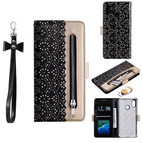 Luxury Lace Zipper Stitching Leather Phone Wallet Case for Samsung Galaxy M20 - Black