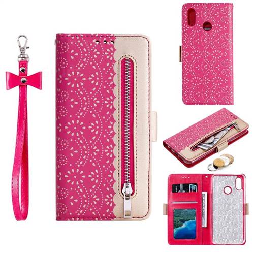 Luxury Lace Zipper Stitching Leather Phone Wallet Case for Samsung Galaxy M20 - Rose