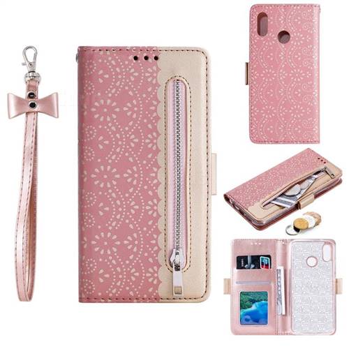 Luxury Lace Zipper Stitching Leather Phone Wallet Case for Samsung Galaxy M20 - Pink