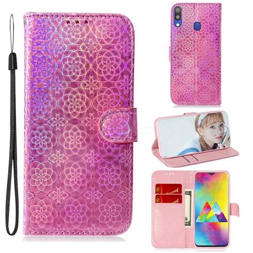 Laser Circle Shining Leather Wallet Phone Case for Samsung Galaxy M20 - Pink