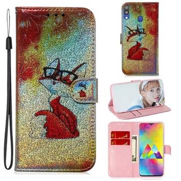 Glasses Fox Laser Shining Leather Wallet Phone Case for Samsung Galaxy M20