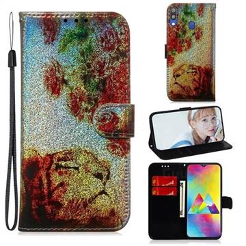 Tiger Rose Laser Shining Leather Wallet Phone Case for Samsung Galaxy M20