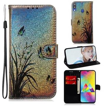 Butterfly Orchid Laser Shining Leather Wallet Phone Case for Samsung Galaxy M20