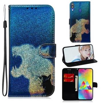 Cat and Leopard Laser Shining Leather Wallet Phone Case for Samsung Galaxy M20