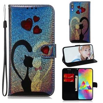 Love Cat Laser Shining Leather Wallet Phone Case for Samsung Galaxy M20