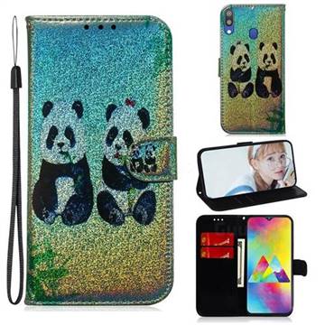 Two Pandas Laser Shining Leather Wallet Phone Case for Samsung Galaxy M20