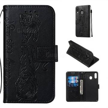 Embossing Tiger and Cat Leather Wallet Case for Samsung Galaxy M20 - Black