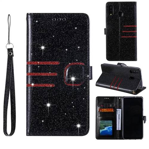 Retro Stitching Glitter Leather Wallet Phone Case for Samsung Galaxy M20 - Black