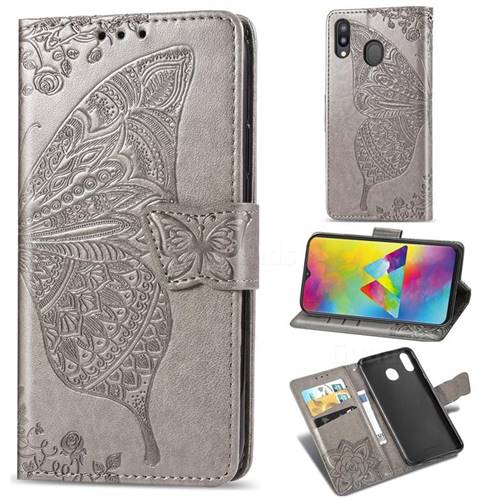 Embossing Mandala Flower Butterfly Leather Wallet Case for Samsung Galaxy M20 - Gray