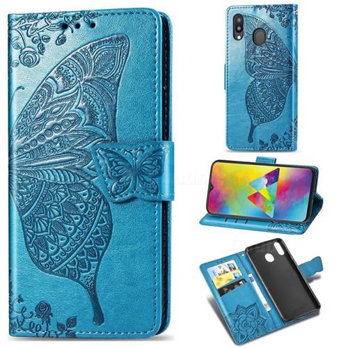 Embossing Mandala Flower Butterfly Leather Wallet Case for Samsung Galaxy M20 - Blue