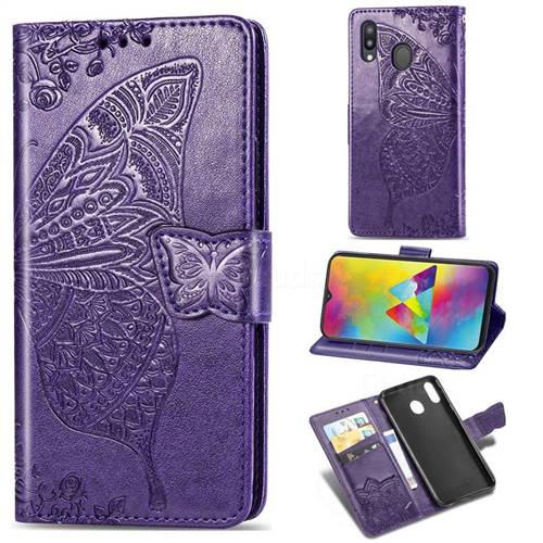Embossing Mandala Flower Butterfly Leather Wallet Case for Samsung Galaxy M20 - Dark Purple