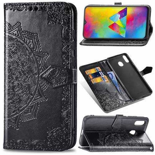 Embossing Imprint Mandala Flower Leather Wallet Case for Samsung Galaxy M20 - Black