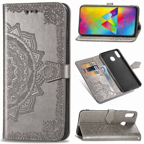 Embossing Imprint Mandala Flower Leather Wallet Case for Samsung Galaxy M20 - Gray