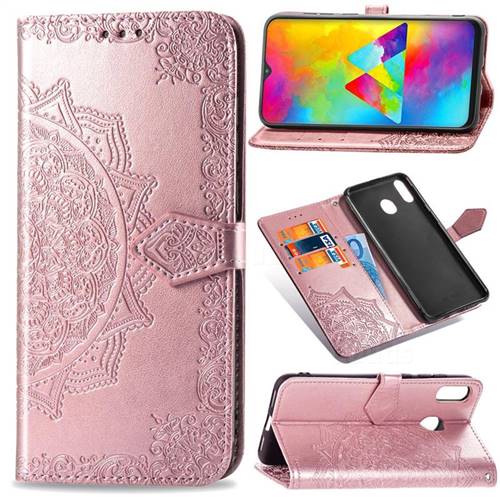 Embossing Imprint Mandala Flower Leather Wallet Case for Samsung Galaxy M20 - Rose Gold