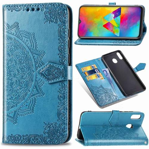 Embossing Imprint Mandala Flower Leather Wallet Case for Samsung Galaxy M20 - Blue