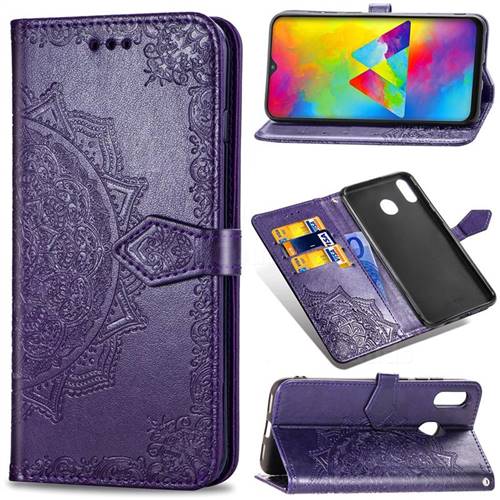 Embossing Imprint Mandala Flower Leather Wallet Case for Samsung Galaxy M20 - Purple