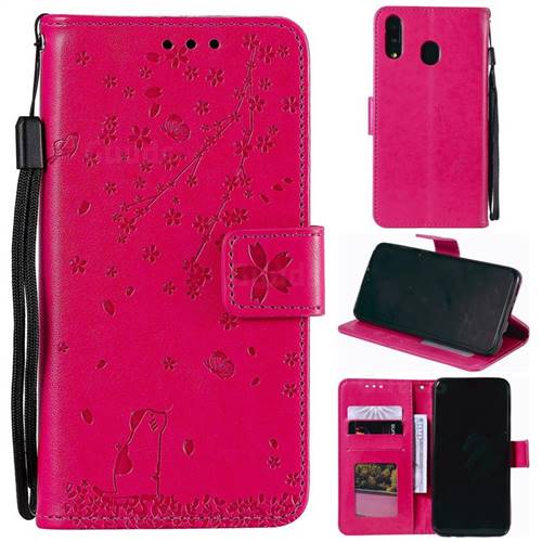 Embossing Cherry Blossom Cat Leather Wallet Case for Samsung Galaxy M20 - Rose