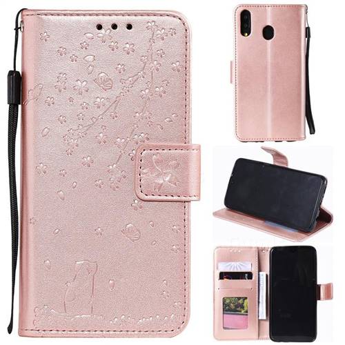 Embossing Cherry Blossom Cat Leather Wallet Case for Samsung Galaxy M20 - Rose Gold