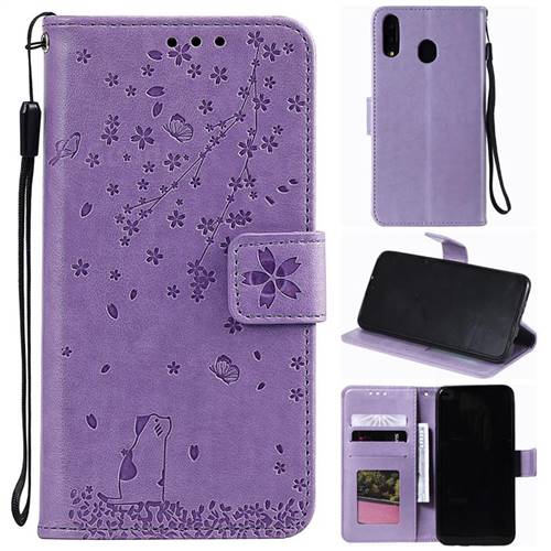 Embossing Cherry Blossom Cat Leather Wallet Case for Samsung Galaxy M20 - Purple