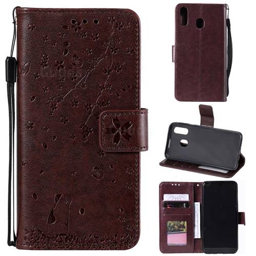 Embossing Cherry Blossom Cat Leather Wallet Case for Samsung Galaxy M20 - Brown