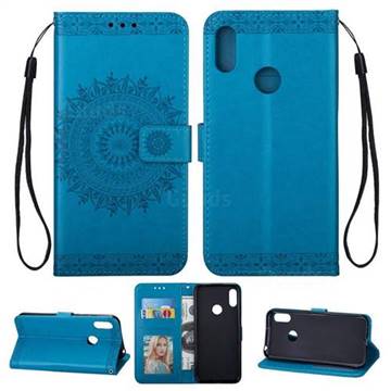 Intricate Embossing Totem Flower Leather Wallet Case for Samsung Galaxy M20 - Blue