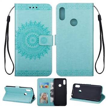 Intricate Embossing Totem Flower Leather Wallet Case for Samsung Galaxy M20 - Mint Green