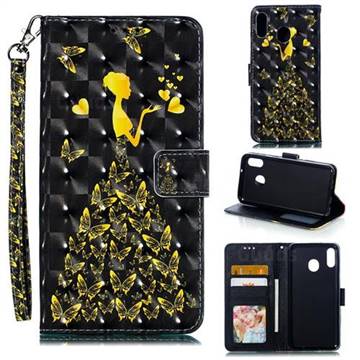 Golden Butterfly Girl 3D Painted Leather Phone Wallet Case for Samsung Galaxy M20