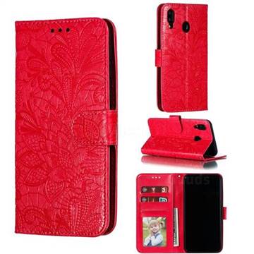Intricate Embossing Lace Jasmine Flower Leather Wallet Case for Samsung Galaxy M20 - Red