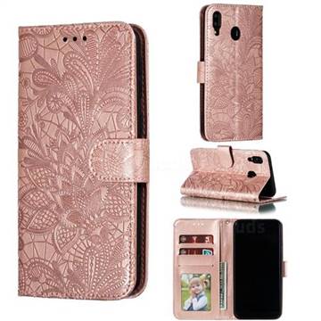 Intricate Embossing Lace Jasmine Flower Leather Wallet Case for Samsung Galaxy M20 - Rose Gold