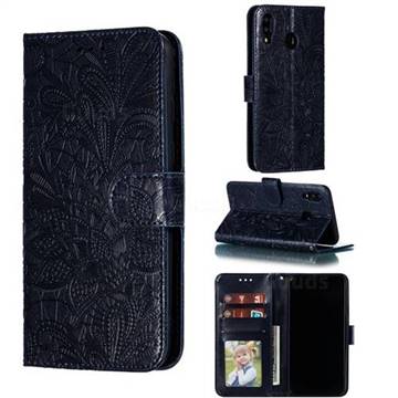 Intricate Embossing Lace Jasmine Flower Leather Wallet Case for Samsung Galaxy M20 - Dark Blue