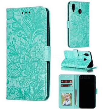 Intricate Embossing Lace Jasmine Flower Leather Wallet Case for Samsung Galaxy M20 - Green
