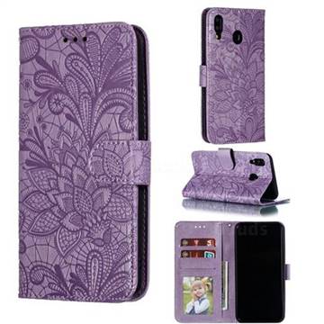 Intricate Embossing Lace Jasmine Flower Leather Wallet Case for Samsung Galaxy M20 - Purple