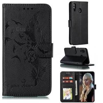 Intricate Embossing Lychee Feather Bird Leather Wallet Case for Samsung Galaxy M20 - Black
