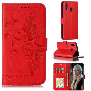 Intricate Embossing Lychee Feather Bird Leather Wallet Case for Samsung Galaxy M20 - Red