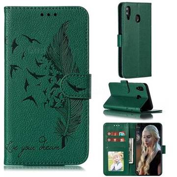 Intricate Embossing Lychee Feather Bird Leather Wallet Case for Samsung Galaxy M20 - Green