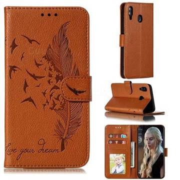 Intricate Embossing Lychee Feather Bird Leather Wallet Case for Samsung Galaxy M20 - Brown