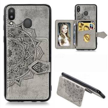 Mandala Flower Cloth Multifunction Stand Card Leather Phone Case for Samsung Galaxy M20 - Gray