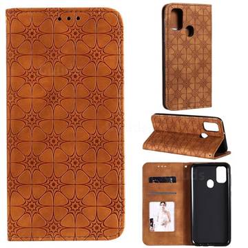 Intricate Embossing Four Leaf Clover Leather Wallet Case for Samsung Galaxy M21 - Yellowish Brown