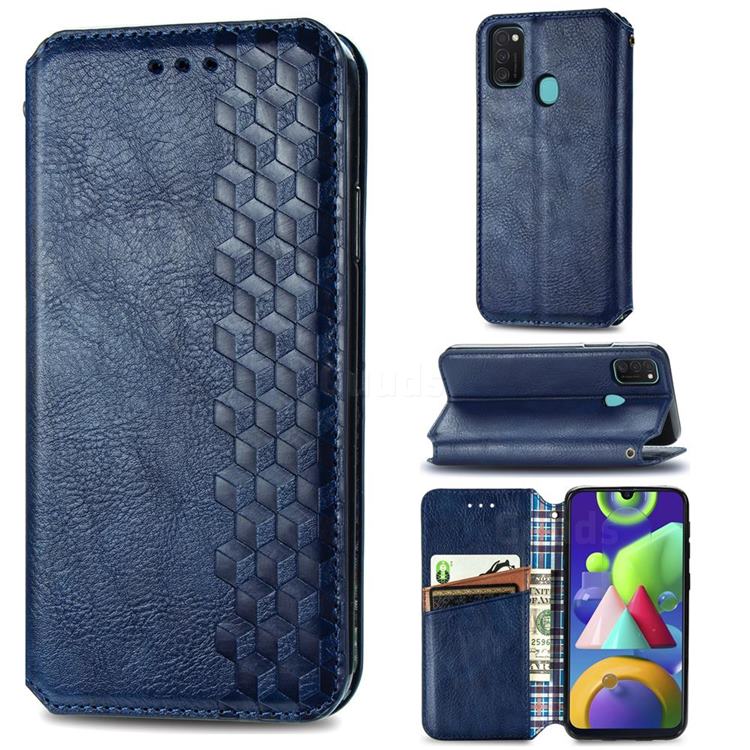 Ultra Slim Fashion Business Card Magnetic Automatic Suction Leather Flip Cover for Samsung Galaxy M21 - Dark Blue